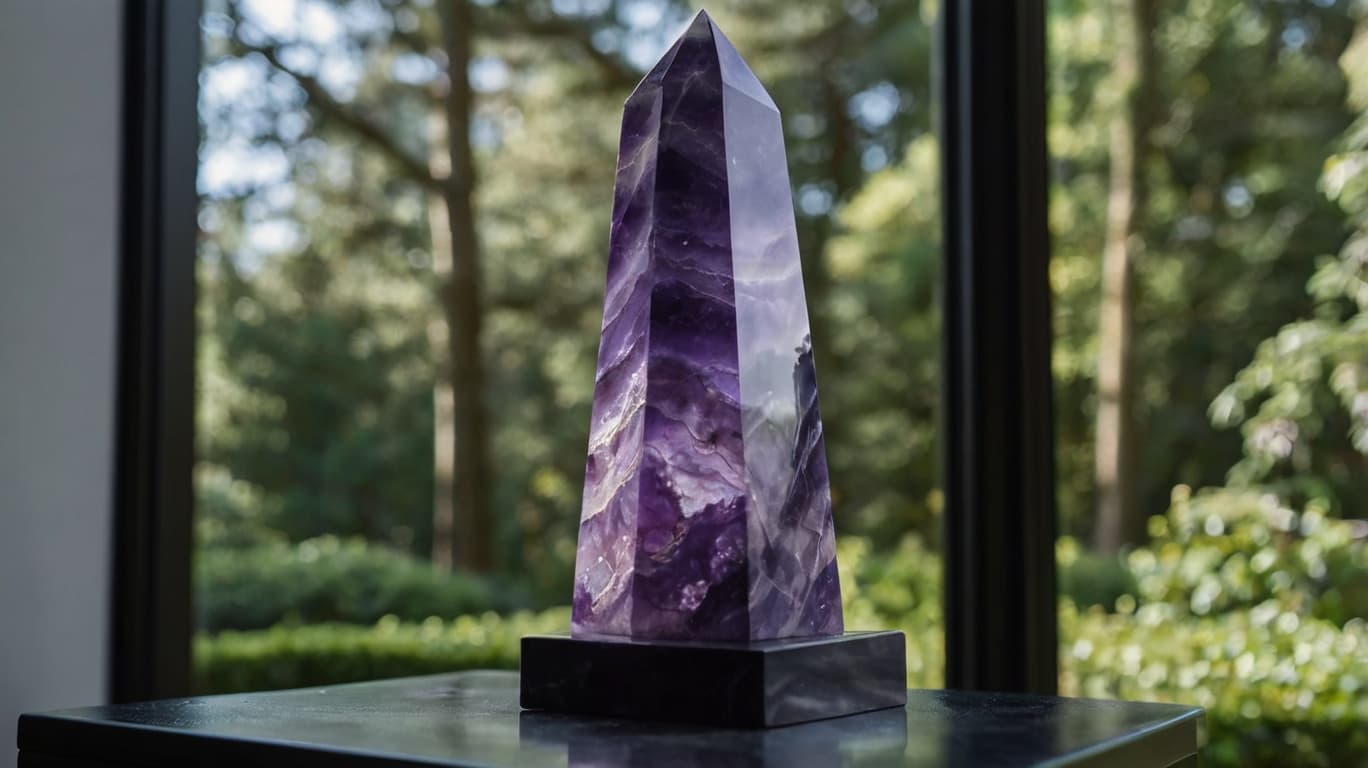 Chevron Amethyst obelisk resting near a window, gently illuminated by natural light, representing a cleansed and recharged crystal.