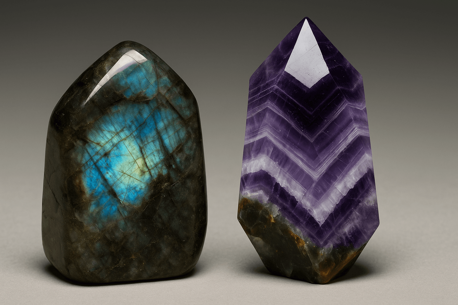 Labradorite and Chevron Amethyst crystals placed together, radiating mystical and intuitive energy.