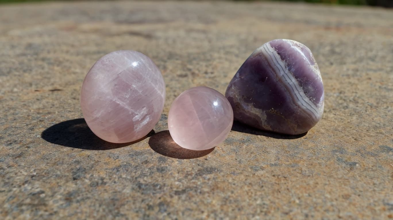 Two round Rose Quartz stones and a polished Chevron Amethyst lying on a stone surface in sunlight