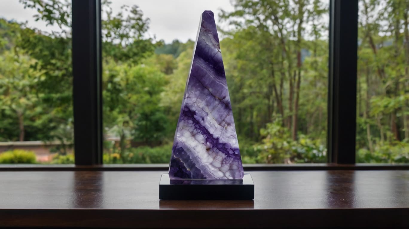Chevron Amethyst obelisk standing on a wooden table by a window, symbolizing clarity and spiritual focus.