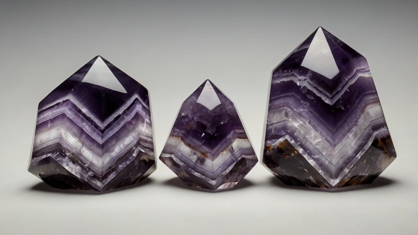 Three polished Chevron Amethyst points showing characteristic V-shaped banding of purple and white layers