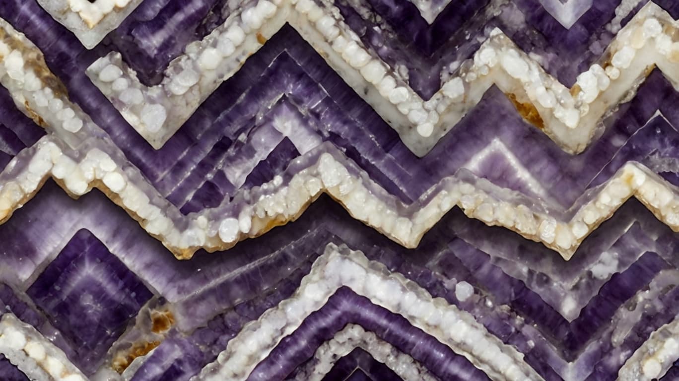 Close-up of Chevron Amethyst showing distinct V-shaped banding in rich purple and white hues