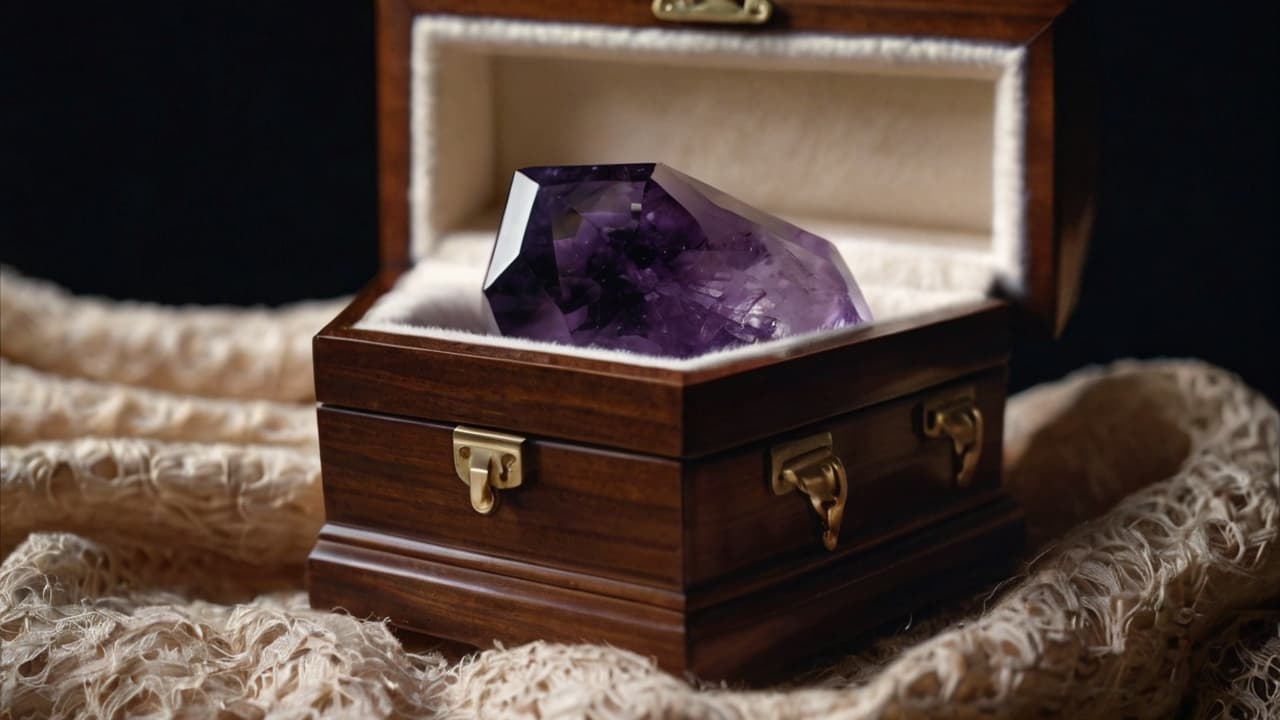 Amethyst crystal stored in a soft-lined jewelry box placed on a fabric-covered surface